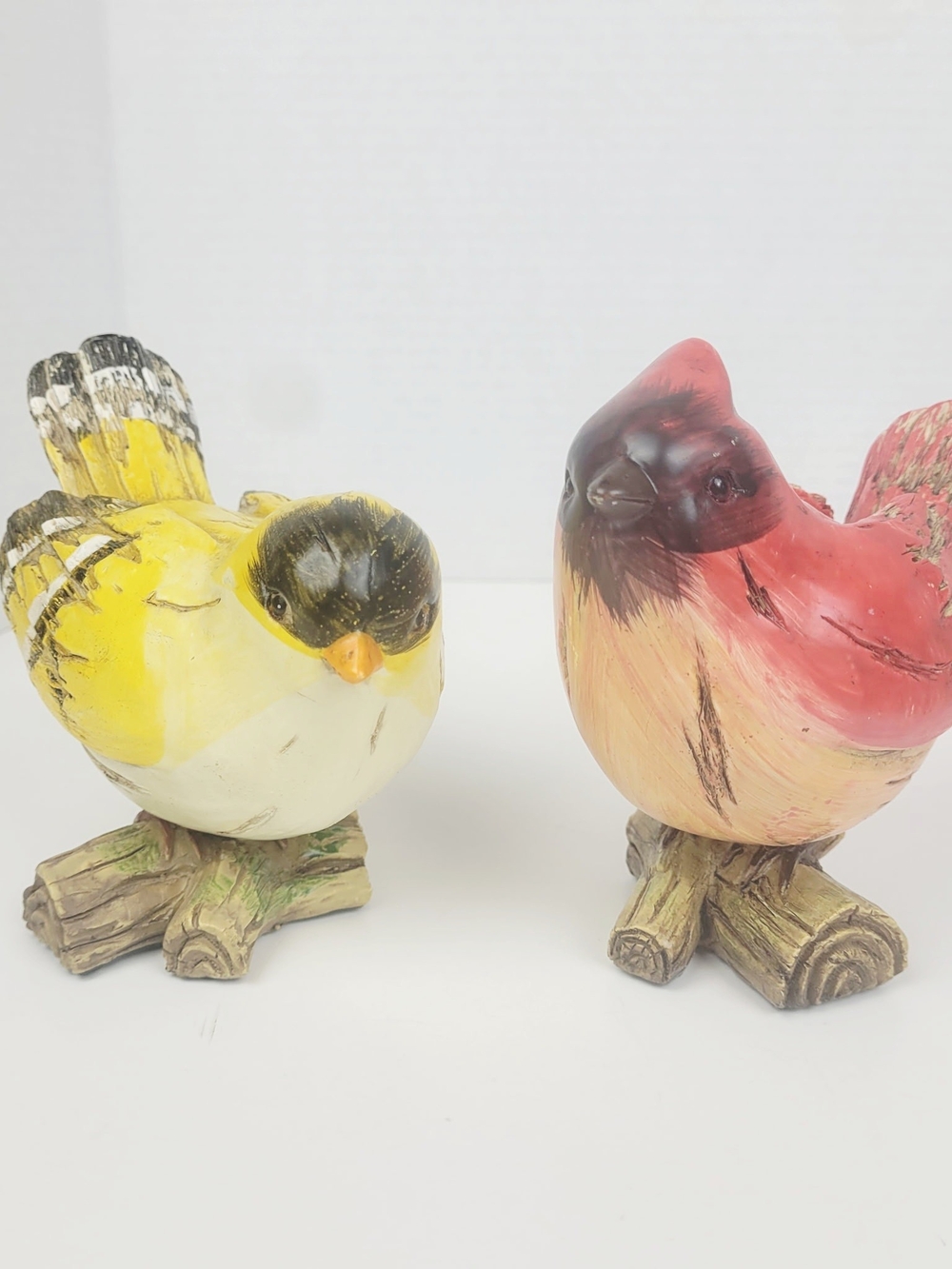 Vtg Cast Resin Faux Wood Perched Birds~Red Cardinal~American Goldfinch~Set Of 2